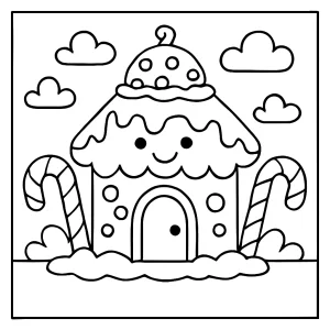 Page de coloriage gratuite représentant une maison pain d’épices joyeuse décorée de cannes en sucre et de glaçage