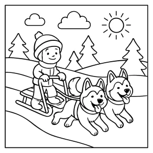 Niño montando un trineo con dos huskies en la nieve, página para colorear