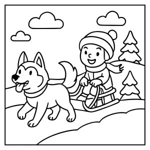 Malvorlage coloring page: Kind rodelt hinter Husky-Hund durch den Schnee, Ausmalbild zum Drucken