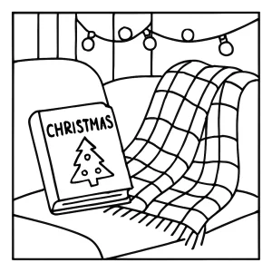 Cozy Christmas reading nook coloring page with book, plaid blanket, and fairy lights for kids to color
