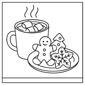 Malvorlage coloring page: Tasse heiße Schokolade mit Marshmallows und Teller voller Weihnachtskekse zum Ausmalen
