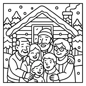 página para colorear de una reunión familiar en una cabaña nevada, ideal para imprimir y colorear con niños
