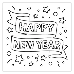 Festive 'Happy New Year' banner coloring page with decorative letters and party accents, free printable for kids