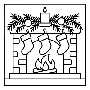 Festive fireplace mantle coloring page featuring stockings and pine garlands for kids to print and color