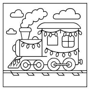 page de coloriage représentant un train de Noël décoré de lumières, à imprimer gratuitement