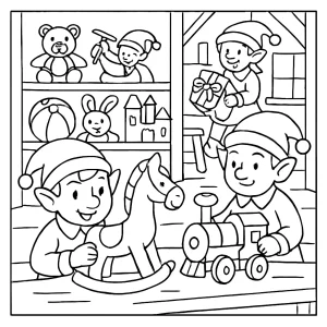 page de coloriage d'un atelier de lutins avec des jouets et des lutins occupés