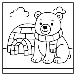Página para colorear de un oso polar con bufanda junto a un iglú para imprimir gratis
