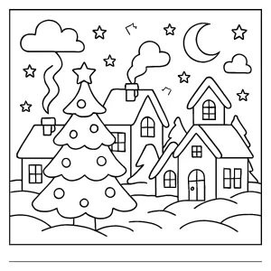 Snow-covered village on Christmas Eve with glowing windows coloring page, free printable for kids