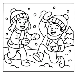 Página para colorear de hermanos jugando y lanzando bolas de nieve en invierno