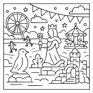 page de coloriage d'un carnaval d'hiver avec sculptures de glace à imprimer gratuitement