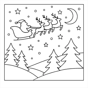 Malvorlage einer winterlichen Nacht mit Santa Silhouette – kostenlose coloring page zum Ausdrucken