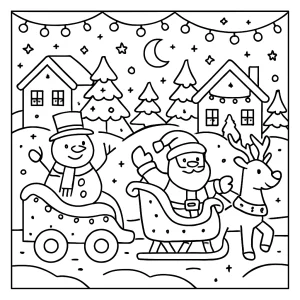 page de coloriage de défilé d’hiver avec chars, lumières et personnages festifs à imprimer