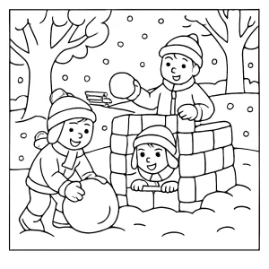 Página para colorear de niños construyendo un fuerte de nieve en un parque nevado