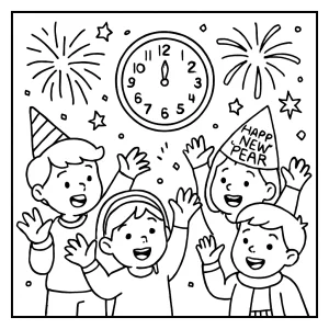 Page de coloriage Nouvel An gratuite avec des enfants comptant à rebours, entourés de ballons et confettis