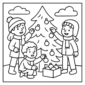 Children hanging ornaments on a tree together coloring page, free printable for kids