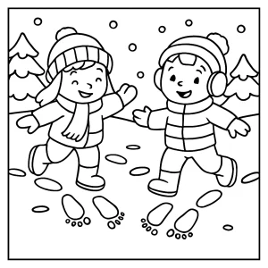 página para colorear de niños dejando huellas de invierno en la nieve para imprimir gratis