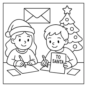 Página para colorear de niños escribiendo cartas a Santa Claus sentados en una mesa