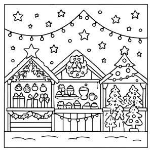 page de coloriage de marché de Noël avec stands festifs sous des lumières scintillantes