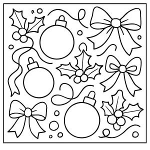 Festive baubles, holly, ribbons, and bows coloring page for kids to print and color