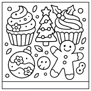 page de coloriage de cupcakes et biscuits festifs à imprimer et colorier pour enfants