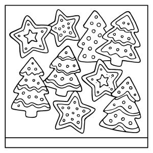 Kostenlose Malvorlage mit Lebkuchen in Stern- und Tannenbaumform zum Ausmalen – coloring page für Kinder