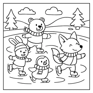 Kostenlose Malvorlage: Tiere laufen Schlittschuh auf einem zugefrorenen See – coloring page zum Ausmalen