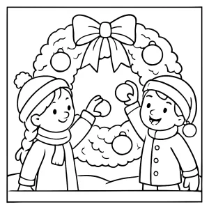 coloring page de niños decorando una corona nevada, página para colorear infantil de invierno