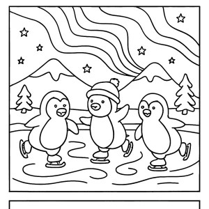 Página para colorear de pingüinos patinando en lago congelado bajo aurora boreal