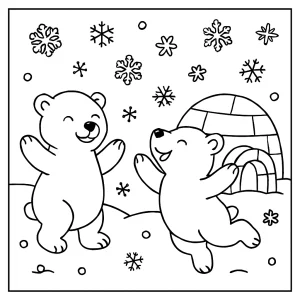 Página para colorear de osos polares jugando en la nieve junto a un iglú