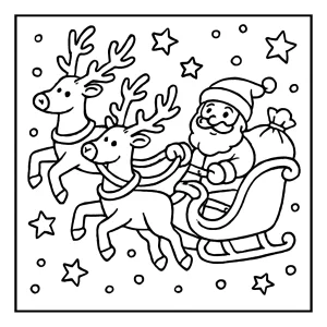 Santa’s sleigh and reindeer coloring page showing Santa’s sleigh flying through stars and snow
