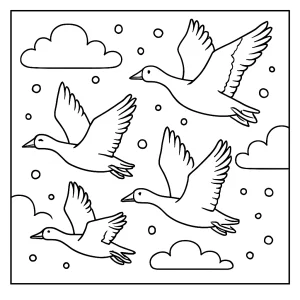 Malvorlage Schneegänse am Winterhimmel – kostenlose Coloring Page zum Ausmalen
