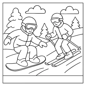 Winter sports coloring page with snowboarder and skier racing down snowy mountains for children to print and color.