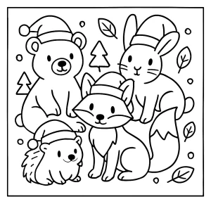 page de coloriage d'animaux de la forêt portant des chapeaux de Noël à imprimer gratuitement pour les enfants