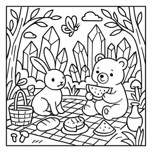 Crystal Forest Picnic coloring page for free with enchanted forest, crystals, and magical picnic scene