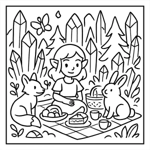 Página para colorear de picnic en bosque de cristal con criaturas mágicas y árboles brillantes