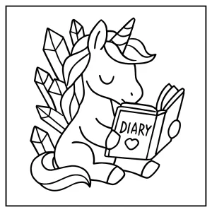 Página para colorear de un unicornio de cristal leyendo un diario mágico
