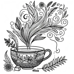 página para colorear de taza de té herbal con vapor en forma de remolinos florales