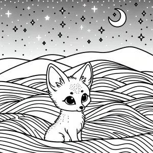 Página para colorear de zorro fennec curioso bajo cielo estrellado del desierto, imprimible gratis para niños