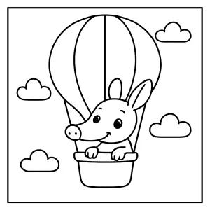 Página para colorear de un oso hormiguero volando en globo aerostático, ilustración infantil para imprimir