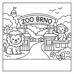 Brno Zoo entrance coloring page with lion and monkey for children