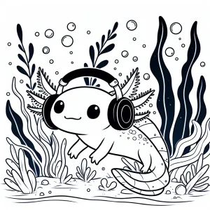 Página para colorear de un axolote con auriculares nadando en un bosque de algas marinas, ideal para niños y fanáticos de los axolotes.