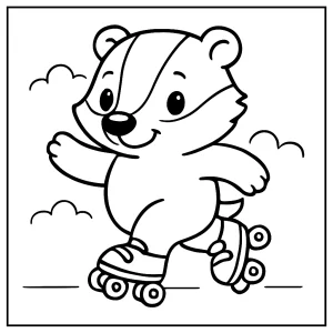 Página para colorear de un tejón bonito usando patines de ruedas, lista para imprimir y colorear.