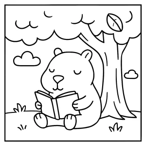 Página para colorear de un carpincho tierno leyendo un libro bajo un árbol