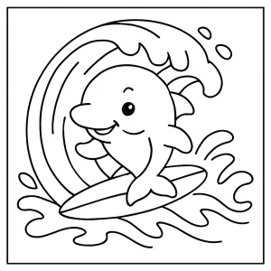 page de coloriage dauphin mignon surfeur sur une vague, à imprimer gratuitement