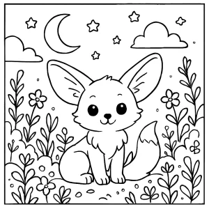 página para colorear de zorro fénec en un jardín nocturno bajo la luna