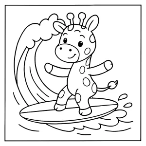page de coloriage girafe surfeuse, dessin gratuit à imprimer pour enfants