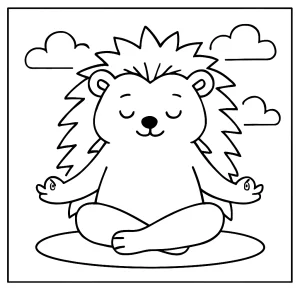Página para colorear de un erizo adorable practicando yoga, ideal para imprimir y colorear con niños.