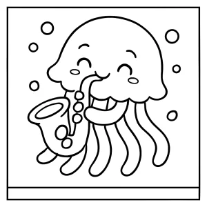 Página para colorear de una medusita tocando un saxofón en el mar