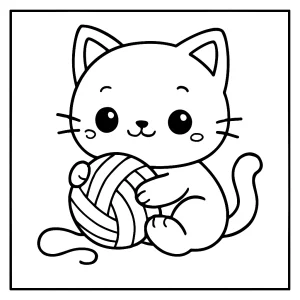 Página para colorear de un gatito kawaii jugando con un ovillo de lana, imprimible y gratis para niños