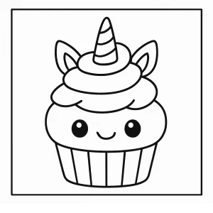 Página para colorear de unicornio cupcake kawaii para imprimir gratis y colorear, ideal para niños
